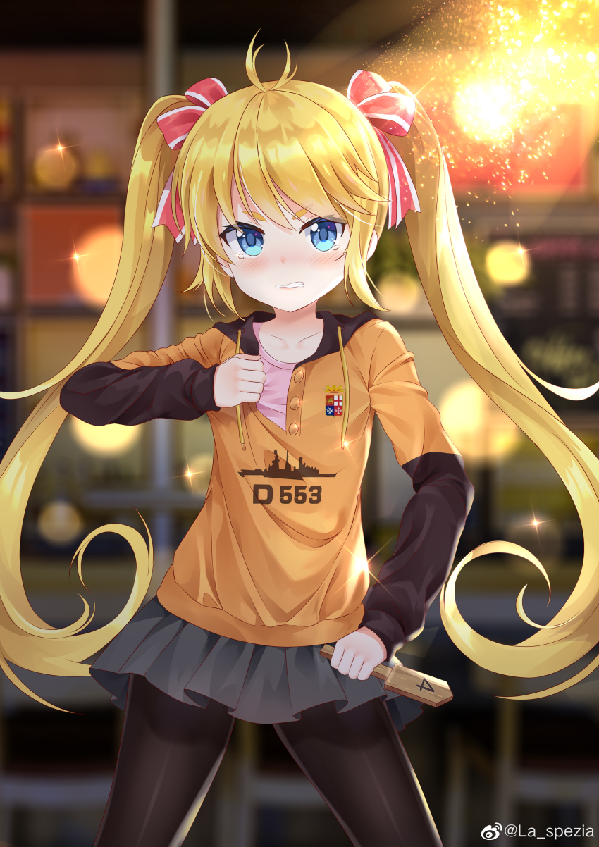 1girl absurdres alternate_costume andrea_doria_(warship_girls_r) bad_link black_pantyhose blonde_hair blue_eyes blurry blurry_background blush collarbone hair_ornament hair_ribbon highres jojo_no_kimyou_na_bouken jojo_pose looking_at_viewer pantyhose parody ribbon solo twintails vento_aureo warship_girls_r watermark weibo_watermark window