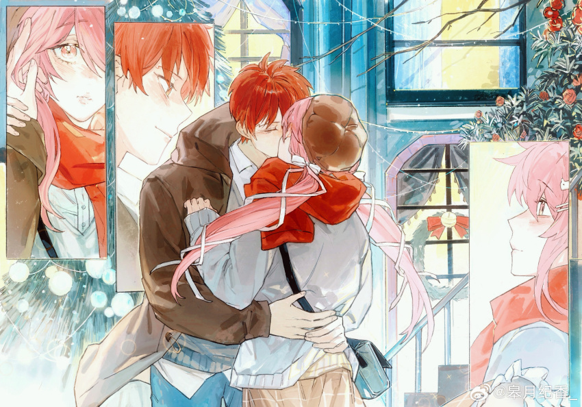 1boy 1girl bare_tree blush bow christmas christmas_tree christmas_wreath coat cold couple emiya_shirou fate/stay_night fate_(series) footprints french_kiss gaoyue_jixiang hair_bow hair_ornament hairclip hetero highres igote jacket kiss long_hair long_sleeves merry_christmas non-web_source oc_x_canon orange_hair original outdoors pink_eyes pink_hair red_hair red_scarf ribbon scarf seasons shirt skirt smile snow snowing tree twintails winter winter_clothes wreath