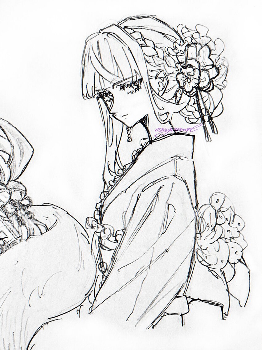 1girl absurdres alternate_costume bouquet braid braided_bun chabashira_tenko closed_mouth cropped_torso danganronpa_(series) danganronpa_v3:_killing_harmony eyelashes flower greyscale hair_bun hair_flower hair_ornament hair_ribbon happy highres holding holding_behind_back holding_bouquet japanese_clothes kimono long_sleeves monochrome nape_braid petals pointy_nose ribbon shimaya short_hair_with_long_locks signature single_hair_bun single_sidelock sketch smile solo traditional_media updo wide_sleeves yukata