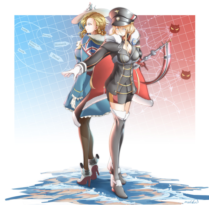 2girls absurdres asymmetrical_hair azur_lane back-to-back bismarck_(azur_lane) bismarck_(coat_of_arms) black_footwear black_headwear black_jacket black_skirt blonde_hair blue_dress blue_eyes boots breasts brown_pantyhose cape capelet coat_of_arms dress full_body fur-trimmed_cape fur_trim gloves hair_between_eyes hair_over_shoulder hat high_heels highres hood_(azur_lane) jacket long_hair madakov_kodima map medium_breasts military military_uniform miniskirt multiple_girls pantyhose peaked_cap skirt standing thigh_boots thighhighs tilted_headwear union_jack white_gloves white_headwear zettai_ryouiki