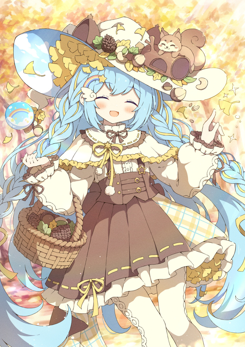 1girl animal animal_on_head basket blue_hair blurry blurry_background blush brown_skirt capelet commentary commission cowboy_shot elbow_carry english_commentary ginkgo_leaf hair_ornament hands_up hat high-waist_skirt highres leaf light_blue_hair long_hair looking_at_viewer on_head open_mouth original pinecone rainbow_hair_ornament shirt skeb_commission skirt smile solo squirrel tyomimas very_long_hair white_capelet white_hat white_shirt wing_hair_ornament