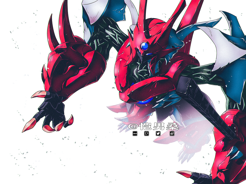 absurdres bilibili_logo from_above highres kainansang looking_up mecha mecha_focus no_humans open_hand persoenlichkeit pixiv_logo purple_eyes robot science_fiction solo super_robot_wars super_robot_wars_original_generation twitter_logo watermark weibo_watermark