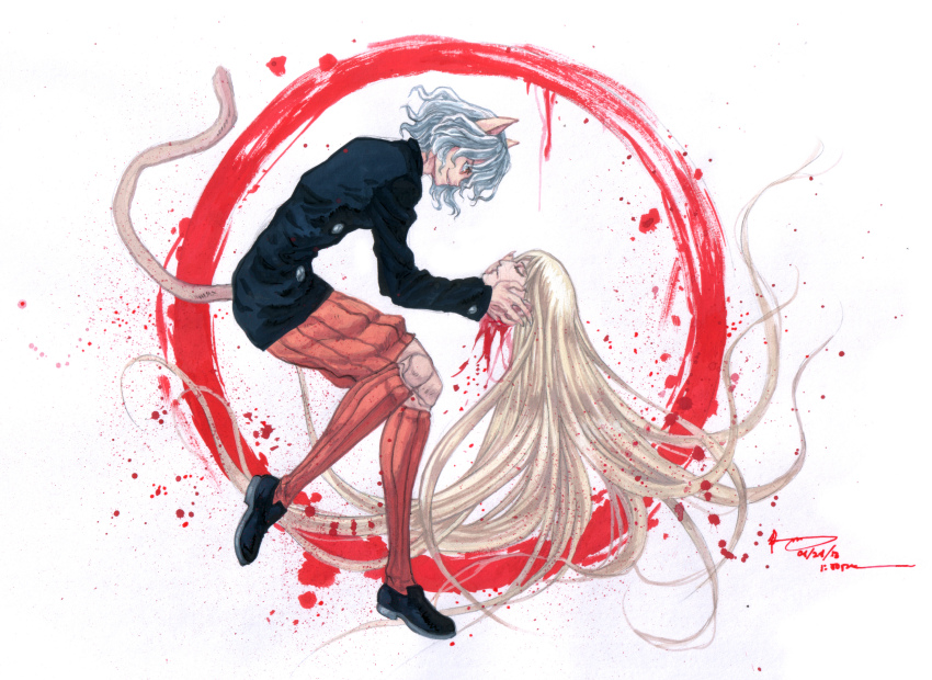 1boy 1other 2013 androgynous animal_ears black_shoes blood cat_boy cat_ears cat_girl cat_tail closed_eyes dated doll_joints dominic_ian_cabatit fingernails from_side full_body highres holding_detached_head hunter_x_hunter joints kite_(hunter_x_hunter) kneehighs long_hair long_sleeves neferpitou orange_shorts orange_socks other_focus penny_loafers profile red_eyes ribbed_shorts severed_head sharp_fingernails shoes short_hair shorts smile socks tail timestamp u_u white_hair