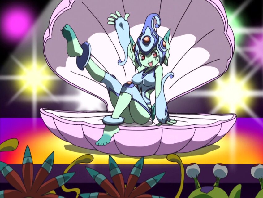1girl anime_screenshot anklet arm_support arm_up audience barefoot clam clothing_cutout digimon digimon_(creature) digimon_frontier feet female_focus fingerless_gloves fins frog_girl gloves head_fins helmet jewelry leg_up numemon open_mouth ranamon red_eyes sitting smile stage stage_lights swimsuit thigh_cutout thighs vegimon waving