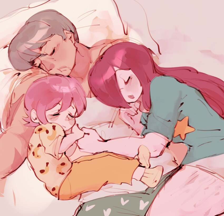 1boy 2girls adam_kapowski alternate_costume bed blush closed_eyes grey_hair highres long_hair lying lyong maisujim multiple_girls pajamas parasoul_(skullgirls) pillow pink_hair red_hair shirt short_hair skullgirls sleeping socks t-shirt umbrella_(skullgirls)