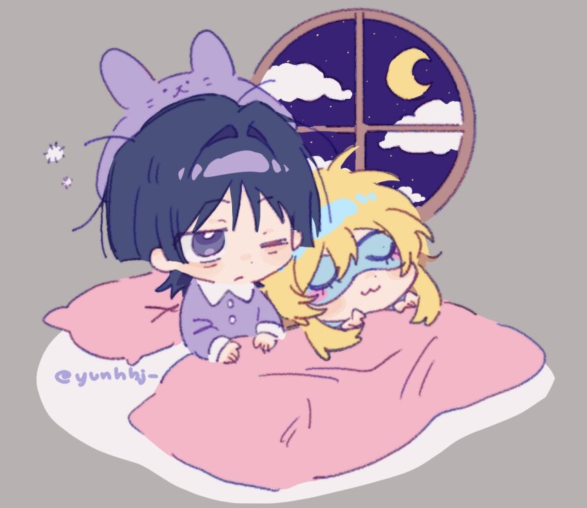 1boy 1girl :3 bags_under_eyes black_eyes black_hair blonde_hair blue_hair blunt_ends blush_stickers closed_mouth cloud crescent_moon drawn_eyewear eye_mask genshin_impact hair_intakes indoors long_sleeves looking_past_viewer lumine_(genshin_impact) messy_hair moon multicolored_hair one_eye_closed pillow purple_hair purple_shirt purple_sleeves scaramouche_(genshin_impact) shared_blanket shirt short_hair short_hair_with_long_locks sidelocks sleep_mask sleeping_together sleepwear streaked_hair twitter_username under_covers window yunhhj