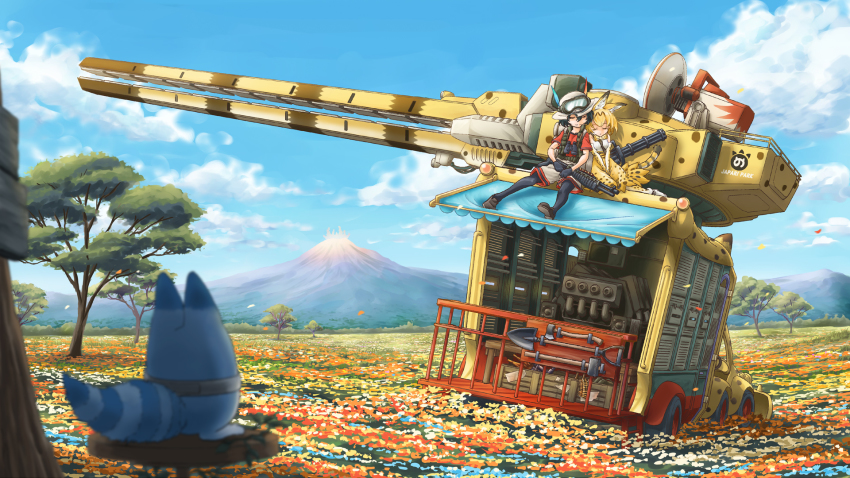 10s 2girls ammunition_belt animal_ears animal_print axe bandolier beige_shorts belt between_breasts black_footwear black_gloves black_hair black_legwear blonde_hair blurry bow bowtie breasts bucket_hat closed_eyes closed_mouth cloud crate day depth_of_field elbow_gloves english_text field flower flower_field gatling_gun gloves goggles grass gun hair_between_eyes hammer hat hat_feather high-waist_skirt highres japari_bus japari_symbol kaban_(kemono_friends) kemono_friends lucky_beast_(kemono_friends) machine_gun magnetic_weapon making-of_available medium_breasts medium_machine_gun metal_max minigun multiple-barrel_gun multiple_girls naka_(nicovideo14185763) on_roof outdoors own_hands_together pantyhose petals railgun red_shirt rotary_machine_gun sandstar serval_(kemono_friends) serval_tail shirt shoes short_sleeves shotgun shotgun_shell shovel sitting skirt sky sledgehammer sleeping sleeveless sleeveless_shirt smile stool striped_tail tail tree v_arms volcano weapon white_shirt worktool