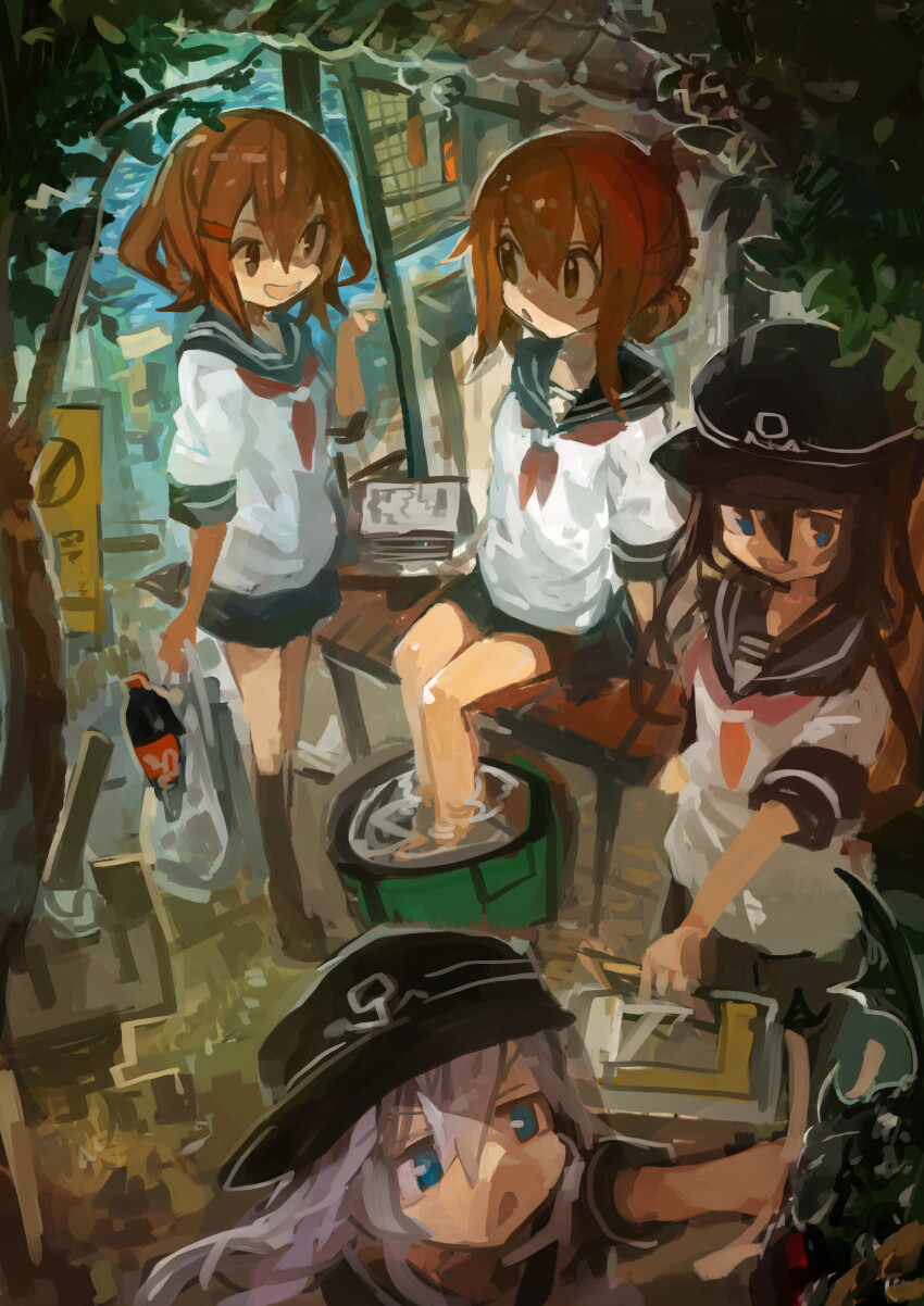 4girls absurdres akatsuki_(kancolle) bag black_hair black_hat black_skirt blue_eyes bottle brown_eyes brown_hair commentary_request flat_cap folded_ponytail grey_hair hair_ornament hairclip hat hibiki_(kancolle) highres holding holding_bag ikazuchi_(kancolle) inazuma_(kancolle) kaamin_(mariarose753) kantai_collection multiple_girls neckerchief open_mouth plastic_bag red_neckerchief sailor_collar school_uniform serafuku sitting skirt soaking_feet wind_chime