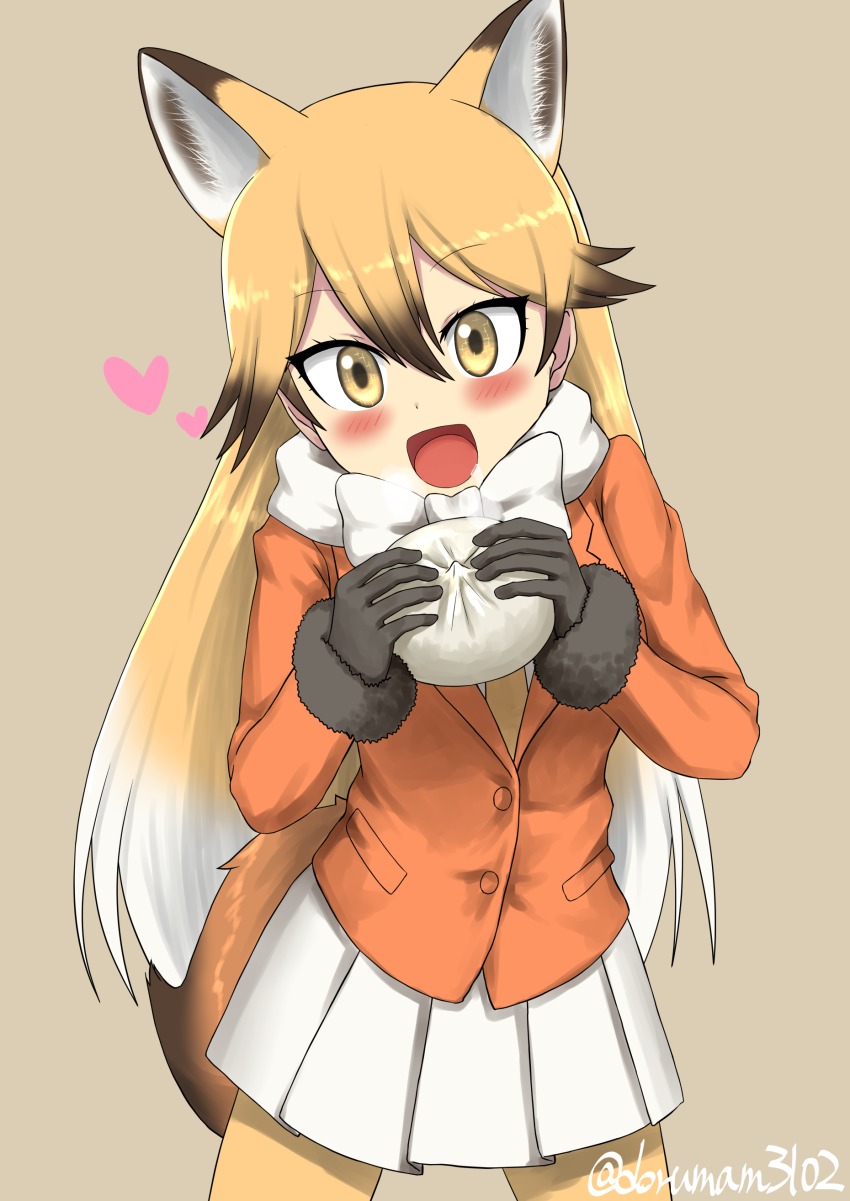 10s 1girl :d absurdres animal_ears steamed_bun black_gloves blazer blonde_hair blush cowboy_shot dorumam ezo_red_fox_(kemono_friends) female_focus food fox_ears fox_tail gloves gradient_hair hair_between_eyes hair_flaps highres jacket kemono_friends kita_kitsune long_hair looking_at_viewer multicolored_hair open_mouth pleated_skirt skirt smile solo tail white_skirt yellow_eyes