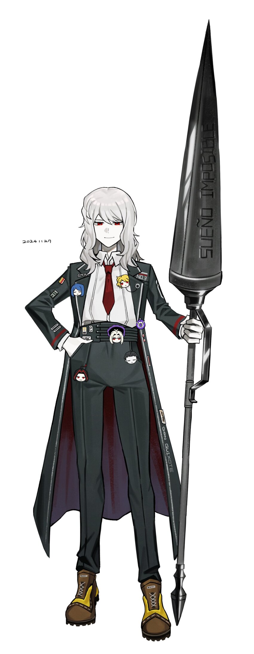 1boy absurdres asdf1211950 bari_(project_moon) black_coat black_pants boots brown_boots closed_mouth coat collared_shirt commentary cosplay curiambro_(project_moon) don_quixote_(project_moon) don_quixote_(project_moon)_(cosplay) dulcinea_(project_moon) full_body hashtag-only_commentary highres holding holding_polearm holding_weapon la_manchaland&#039;s_don_quixote_(project_moon) lance lapels limbus_company long_hair looking_at_viewer necktie nicolina_(project_moon) notched_lapels pants polearm project_moon red_eyes red_necktie sancho_(project_moon) shirt smile solo sticker weapon white_hair white_shirt