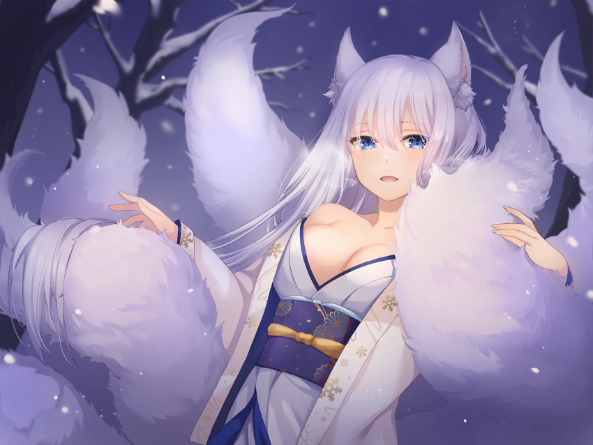 1girl animal_ear_fluff animal_ears bare_shoulders blue_eyes blurry blurry_background breasts breath cleavage depth_of_field fox_ears fox_tail hair_between_eyes highres japanese_clothes kimono kon_(k0n16) large_breasts light_purple_hair long_hair multiple_tails non-web_source obi off_shoulder original outdoors sash sidelocks snowing solo tail