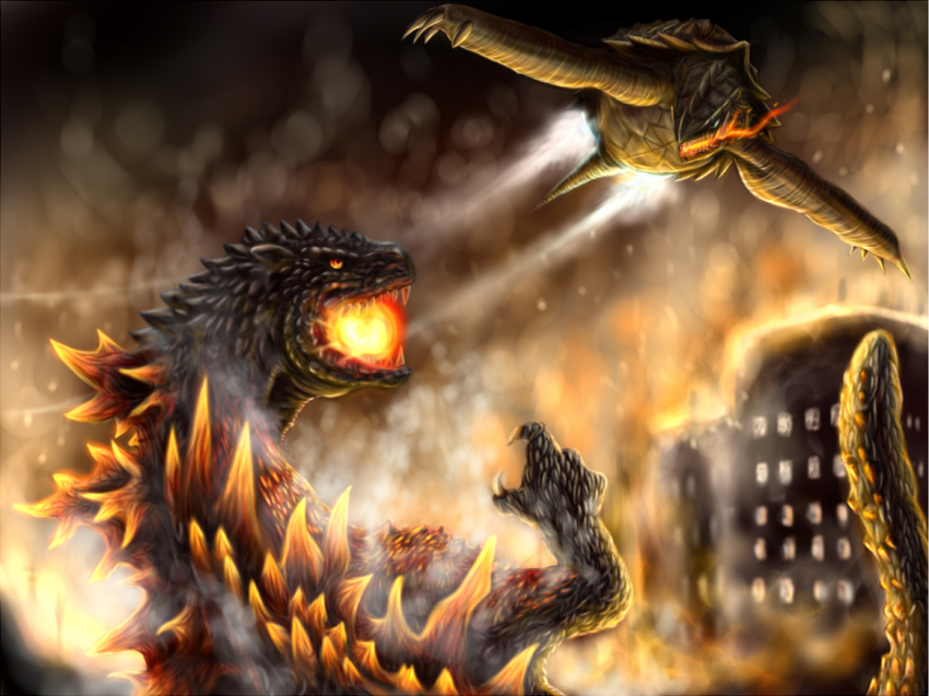 building burning_godzilla claws crossover daiei_film destruction dinosaur embers energy exhaust fire flippers flying gamera gamera_(series) gamera_3:_revenge_of_iris giant giant_monster glowing glowing_mouth godzilla godzilla_(series) godzilla_vs._destoroyah green_eyes inosuke_(monstruo) kaiju monster no_humans orange_eyes sharp_teeth smoke spikes tail teeth toho turtle tusks