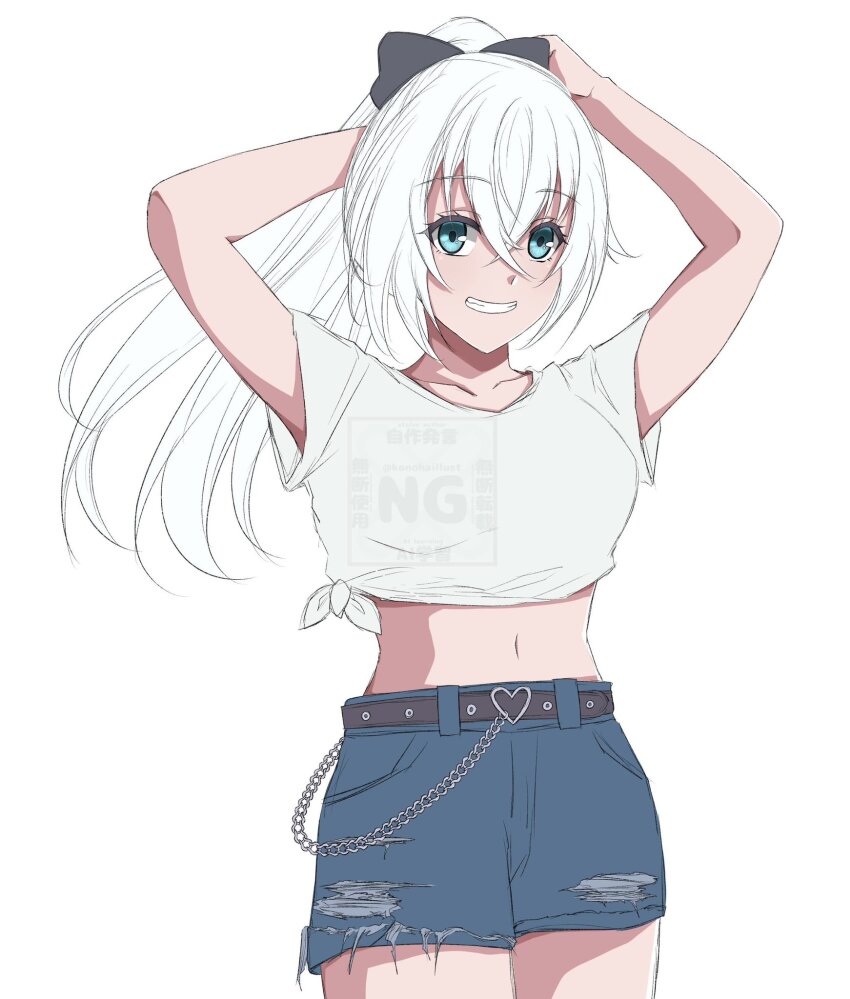 1girl blue_eyes breasts crossed_bangs denim denim_shorts double-parted_bangs eiyuu_densetsu floating_hair grin hair_between_eyes highres konohanaillust kuro_no_kiseki_(series) looking_at_viewer medium_breasts midriff navel shirt shizuna_rem_misurugi short_sleeves shorts simple_background smile solo tied_shirt upper_body watermark white_background white_hair