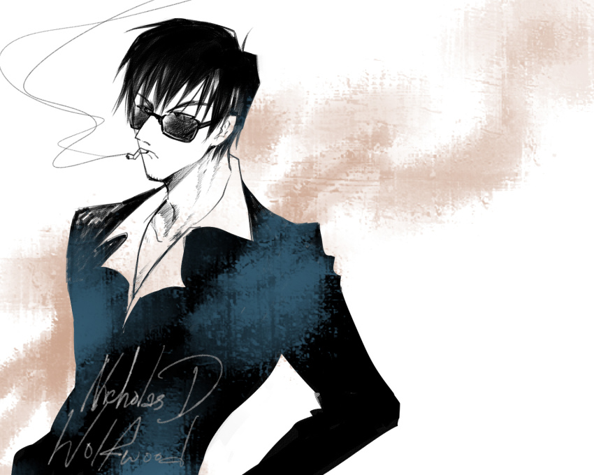1boy black_hair black_suit character_name cigarette drrra formal_clothes highres male_focus nicholas_d._wolfwood smoke smoking solo suit sunglasses trigun