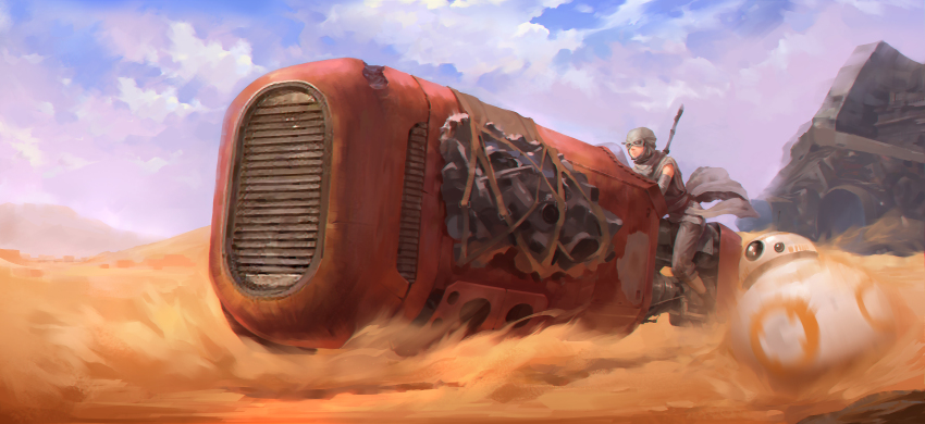 1girl absurdres bb-8 cloud damaged day desert dirty dust goggles hat highres hover_bike jakku_(star_wars) junk miorine motion_blur realistic rey_(star_wars) riding robot science_fiction speeder_bike staff star_destroyer star_wars star_wars:_the_force_awakens vehicle wreckage