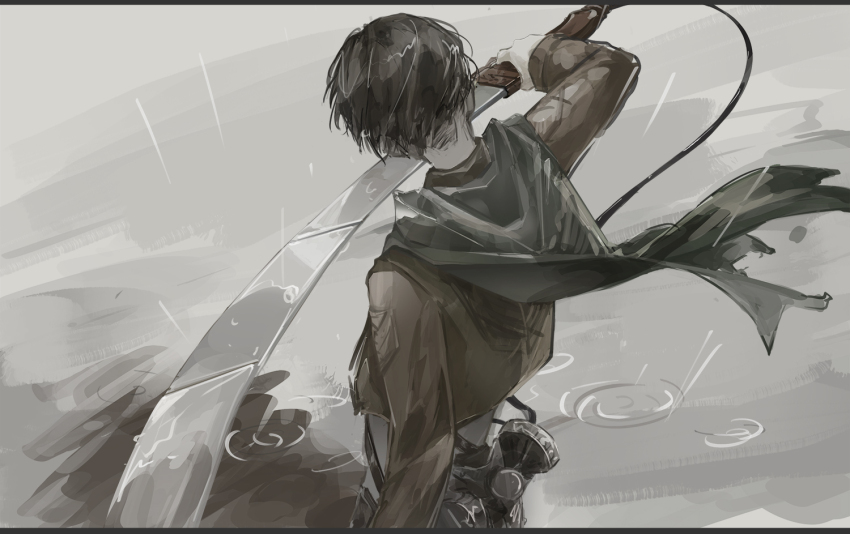 1boy black_border black_hair border cape chinese_commentary chuantangfeng_draft commentary cropped_jacket emblem from_above from_behind green_cape holding holding_sword holding_weapon jacket letterboxed levi_(shingeki_no_kyojin) male_focus military_jacket military_uniform paradis_military_uniform rain shingeki_no_kyojin short_hair solo survey_corps_(emblem) sword three-dimensional_maneuver_gear torn_cape torn_clothes weapon
