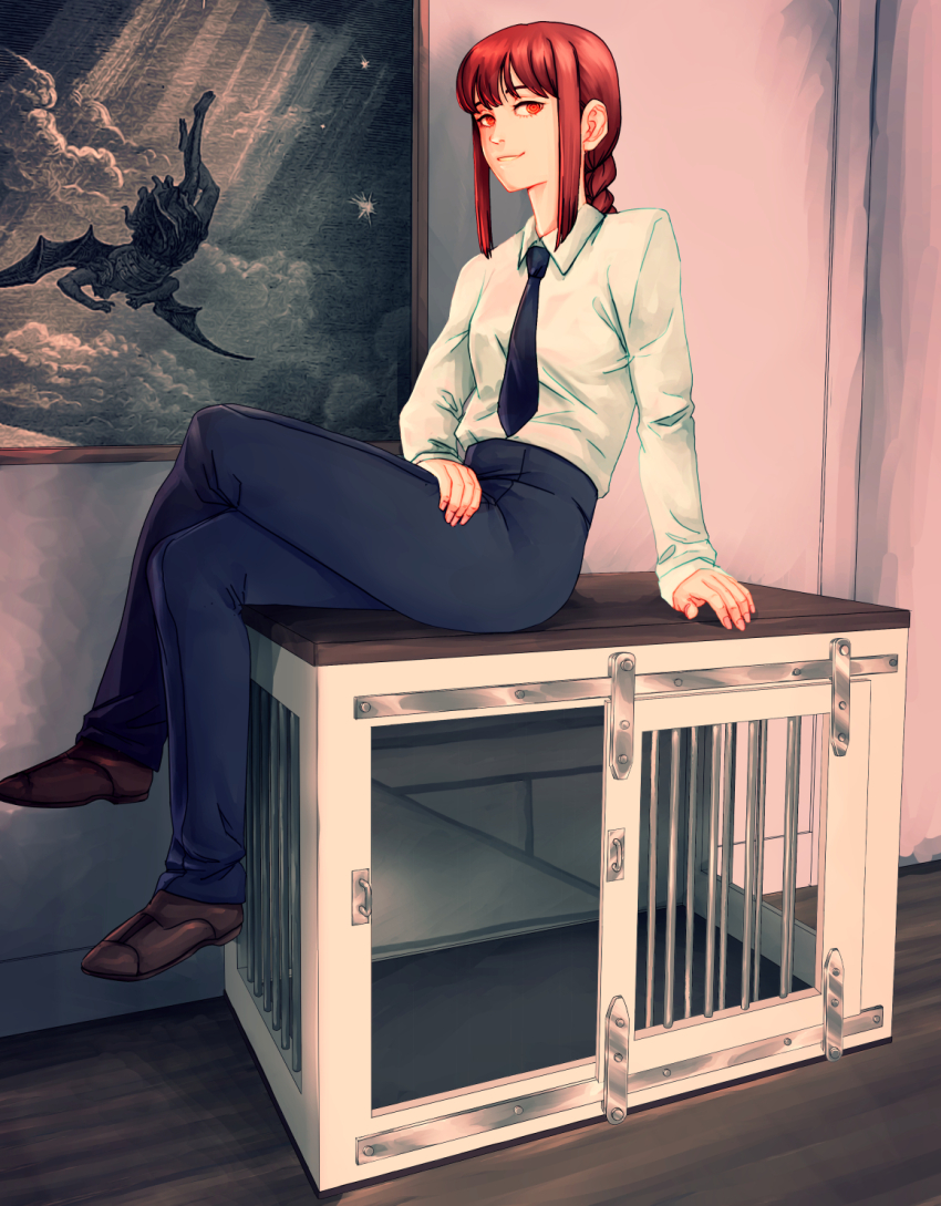1girl arm_support black_pants brown_shoes cage chainsaw_man crossed_legs dress_shirt full_body hand_on_own_thigh highres indoors looking_at_viewer makima_(chainsaw_man) necktie painting_(object) pants red_hair reverse_tension ringed_eyes shirt shoes sitting sitting_on_cage smile white_shirt