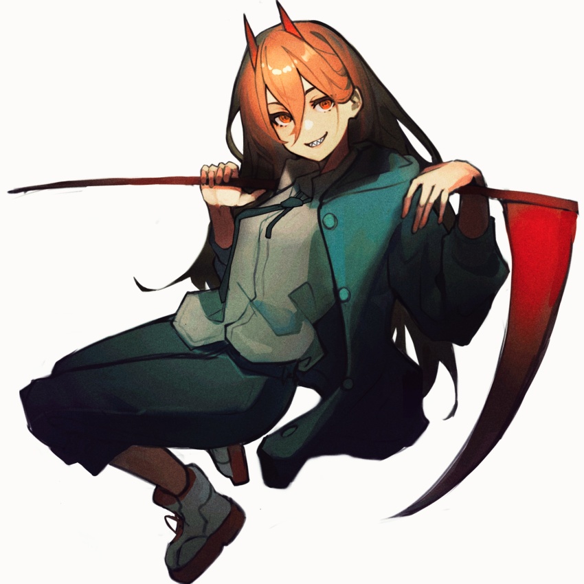 black_necktie black_pants buttons chainsaw_man collared_shirt cross-shaped_pupils demon_girl demon_horns film_grain hair_between_eyes hemokinesis highres holding holding_scythe holding_weapon horns ice_calm jacket long_hair looking_at_viewer necktie open_clothes open_jacket orange_eyes orange_hair pants pants_rolled_up power_(chainsaw_man) red_horns ringed_eyes scythe sharp_teeth shirt shirt_partially_tucked_in shoes simple_background smile sneakers symbol-shaped_pupils teeth weapon white_background white_shirt