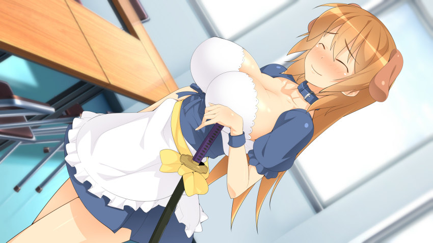 1girl animal_ears apron blush breasts chair cleavage closed_eyes closed_mouth detached_sleeves dog_ears dutch_angle embarrassed fake_animal_ears female_focus frilled_sleeves frills hair_between_eyes hand_on_hilt hand_up highres hilt indoors katana large_breasts leash legs long_hair makarou orange_hair skirt smile solo standing sword table thighs todoroki_yachiyo waitress weapon working!!