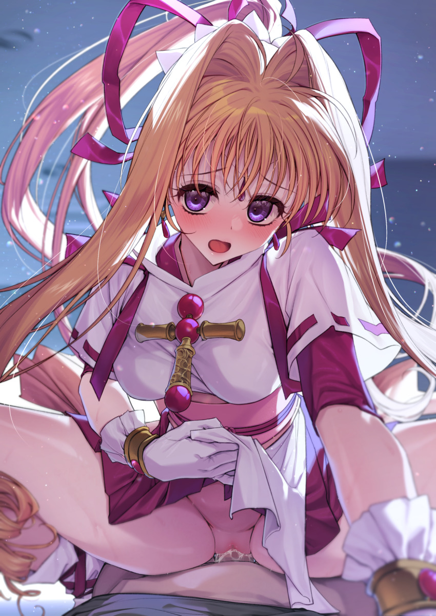 1boy 1girl :o ahoge alfred_(artist) blonde_hair blue_background blush boots bow breasts clothed_sex clothes_lift cowgirl_position cross cross_necklace cum cum_in_pussy cum_overflow deep_penetration dot_nose earrings female_orgasm girl_on_top gloves hair_bow hair_intakes head_tilt hetero highres jewelry kaitou_jeanne kamikaze_kaitou_jeanne knee_boots kusakabe_maron large_variant_set lifting_own_clothes long_hair looking_at_viewer magical_girl medium_breasts necklace no_panties obi open_mouth orgasm ponytail purple_eyes pussy raised_eyebrows red_bow red_skirt sash sex shirt shirt_lift skirt squatting_cowgirl_position straddling vaginal variant_set white_footwear white_gloves white_shirt