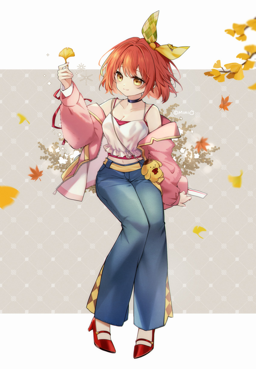 1girl absurdres arm_support autumn_leaves bag bare_shoulders black_choker blue_pants blush branch breasts brown_eyes camisole choker cleavage closed_mouth collarbone commentary commission danby_merong denim ginkgo_leaf grey_background high_heels highres holding holding_leaf jacket jeans leaf long_sleeves medium_breasts midriff_peek navel off_shoulder open_clothes open_jacket original pants pink_jacket pompompurin puffy_long_sleeves puffy_sleeves red_camisole red_hair red_shoes sanrio shoes shoulder_bag sleeves_past_wrists smile solo symbol-only_commentary two-tone_background white_background white_camisole