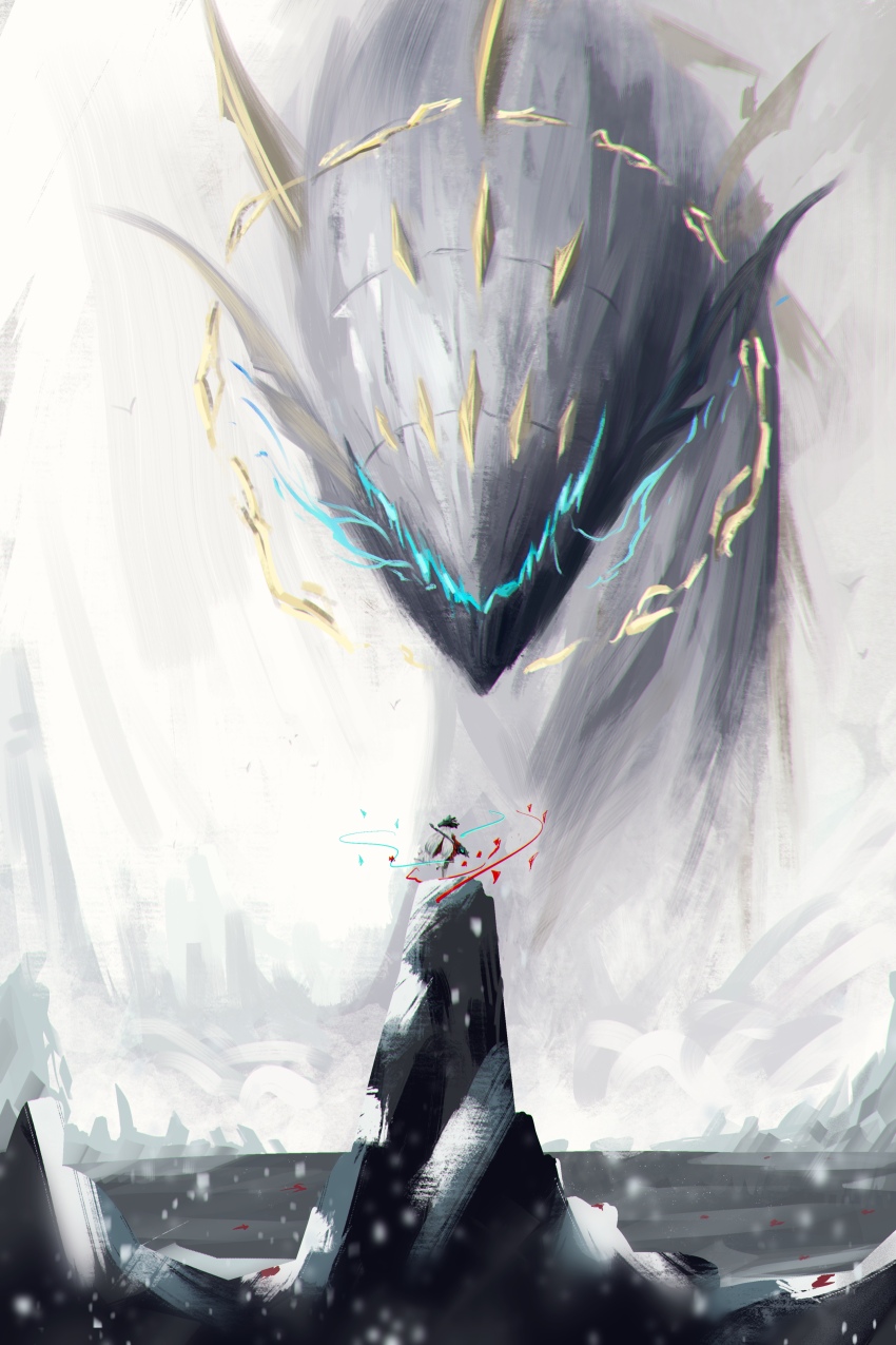 1girl absurdres angelfish aqua_hat arknights brush_stroke dress fish full_body hat highres holding holding_staff keyu leg_ribbon long_hair low-tied_long_hair monster mountain official_alternate_costume pointy_hat red_dress red_sleeves ribbon rock scenery skadi&#039;s_seaborn_(arknights) skadi_(arknights) skadi_the_corrupting_heart_(arknights) solo staff standing tropical_fish very_long_hair very_wide_shot wide_shot