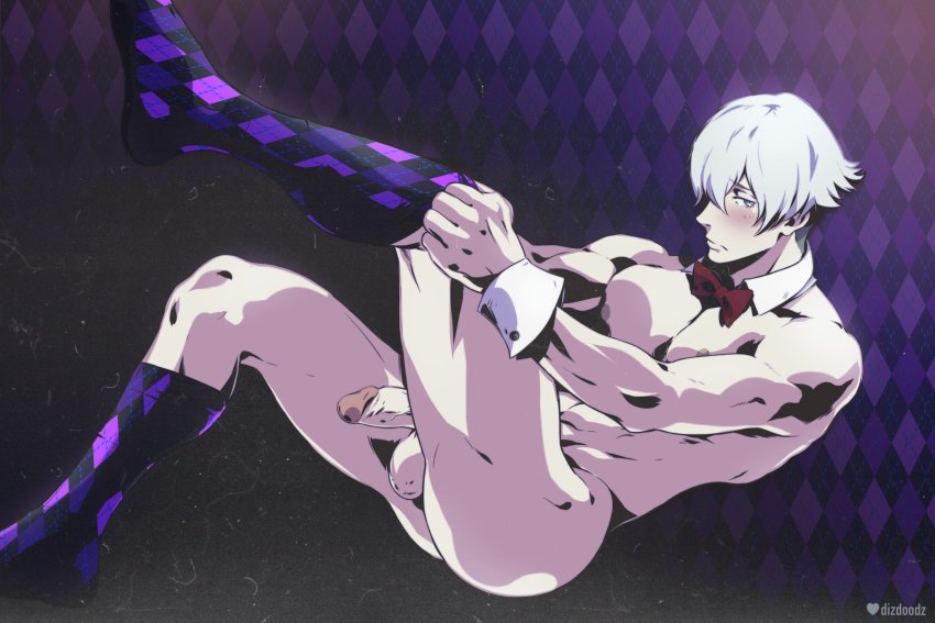 1boy argyle_background argyle_clothes bara black_footwear blue_eyes blush bow bowtie death_parade decim_(death_parade) detached_collar dizdoodz full_body hair_over_one_eye heart heart-shaped_pupils highres looking_at_viewer male_focus nipples nude pale_skin pectorals penis short_hair socks solo swept_bangs symbol-shaped_pupils testicles thighs toned toned_male uncensored veins veiny_penis white_hair wrist_cuffs
