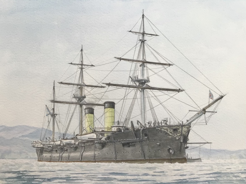 6+others atelier_bono cannon cloud cloudy_sky cruiser highres ice imperial_russian_navy mast military_vehicle mountain multiple_others ocean original painting_(medium) rulik_(cruiser) ship sky smokestack traditional_media vehicle_focus warship watercolor_(medium) watercraft winter