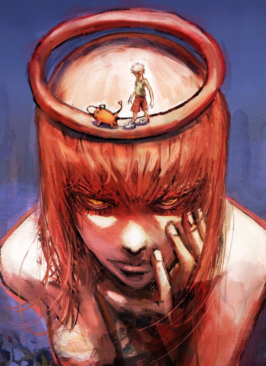 1boy 1girl blood blood_halo business_suit chainsaw chainsaw_man closed_mouth collared_shirt commentary denji_(chainsaw_man) english_commentary evil_smile formal_clothes halo handle highres kyezzzz liquid_halo looking_at_viewer makima_(chainsaw_man) medium_hair office_lady pet pochita_(chainsaw_man) pull_cord red_hair ringed_eyes shirt short_hair sidelocks smile solo_focus suit white_hair yellow_eyes