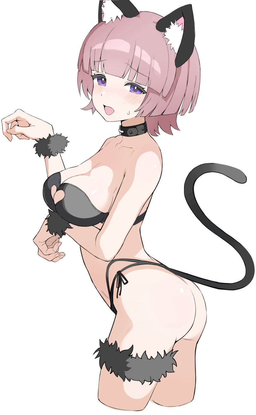 1girl :d absurdres alternate_costume animal_collar animal_ear_fluff animal_ears arched_back arimura_mao arm_under_breasts ass bare_arms bare_shoulders black_bra black_collar black_pants black_tail black_wrist_cuffs blunt_bangs blush bra breasts cat_ears cat_tail cleavage cleavage_cutout clothing_cutout collar collarbone commentary_request crossed_legs from_side frown fur_thigh_strap fur_wrist_cuffs gakuen_idolmaster hands_up heart_cutout highres idolmaster kemonomimi_mode looking_at_viewer mabokani medium_breasts official_alternate_hairstyle open_mouth panties pants paw_pose purple_eyes purple_hair shiny_skin short_hair side-tie_panties simple_background smile solo strapless strapless_bra sweatdrop tail thigh_strap twisted_torso underwear white_background wrist_cuffs