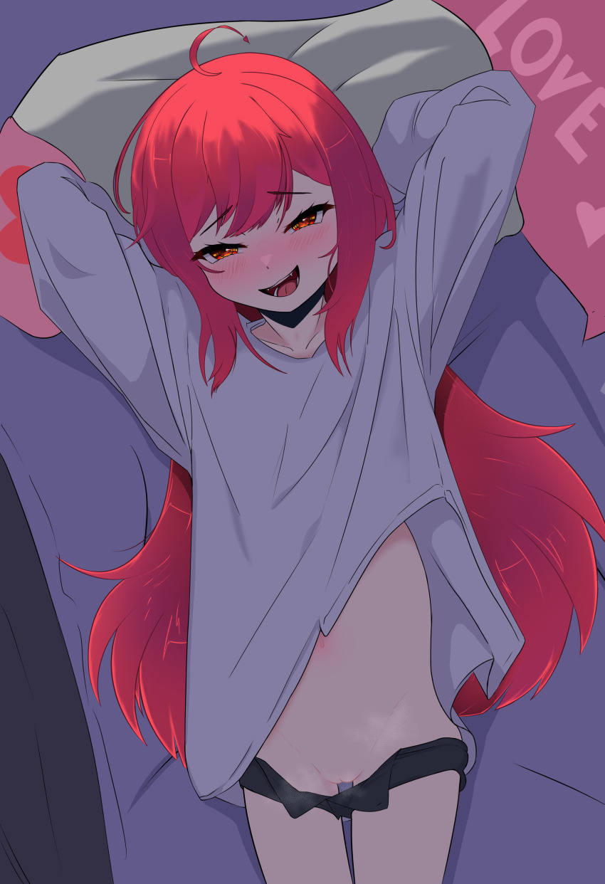 1girl absurdres commentary cuteandfunny electroid from_above highres loli long_hair mesugaki navel on_bed open_clothes oversized_clothes presenting pussy red_eyes red_hair smile smug solo tagme variant_set