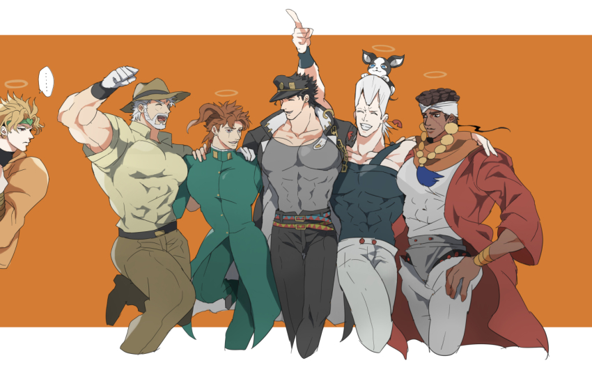 6+boys beard black_coat black_hair black_hat blonde_hair brown_eyes brown_hair chain closed_eyes coat commentary_request dark-skinned_male dark_skin dio_brando dog earrings erk_(okra_ecory) facial_hair facial_mark flattop gakuran green_headband grey_hair grin halo hat headband iggy_(jojo) jacket jean_pierre_polnareff jewelry jojo_no_kimyou_na_bouken joseph_joestar joseph_joestar_(old) kakyoin_noriaki kuujou_joutarou large_pectorals male_focus mohammed_avdol multiple_boys muscular muscular_male old old_man pectorals red_coat school_uniform smile stardust_crusaders traditional_halo white_headband yellow_jacket