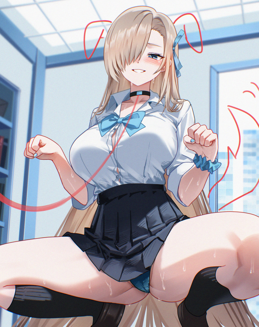 1girl ahhgik animal_ears asuna_(blue_archive) asuna_(school_uniform)_(blue_archive) black_choker black_skirt black_socks blonde_hair blue_archive blue_bow blue_bowtie blue_eyes blue_nails blue_panties blue_ribbon blue_scrunchie blush bow bowtie breasts choker clenched_hands collarbone dog_ears dog_tail drawn_ears drawn_tail gluteal_fold grin hair_over_one_eye hair_ribbon high-waist_skirt highres large_breasts leash long_hair looking_at_viewer panties pantyshot paw_pose pleated_skirt ribbon scrunchie shirt skirt sleeves_rolled_up smile socks solo squatting sweatdrop tail thighs underwear very_long_hair white_shirt wrist_scrunchie