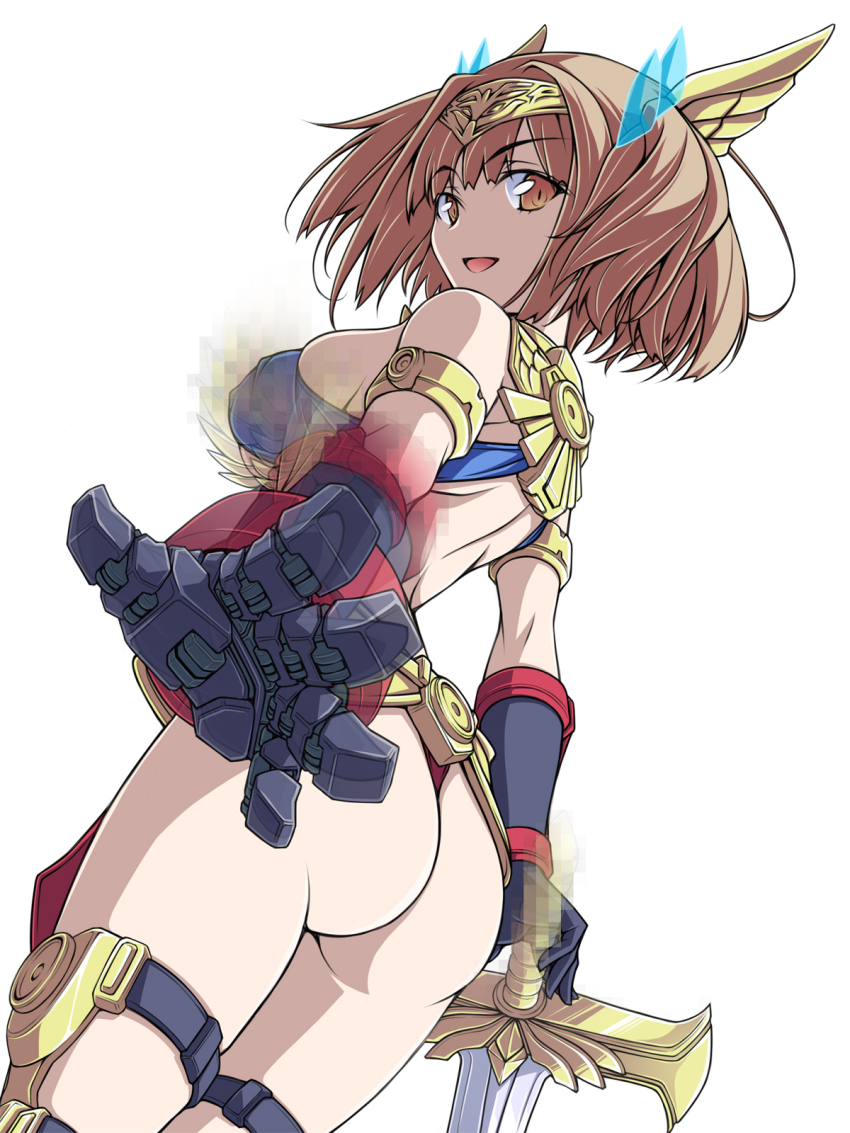 ass atlanger backless_leotard blue_leotard blurry bob_cut breasts brown_eyes brown_hair commentary cowboy_shot from_behind gattai_robo_atlanger gauntlets gloves grey_gloves highres holding holding_sword holding_weapon humanization kikuchi_tsutomu leotard looking_at_viewer looking_back medium_breasts open_mouth simple_background skindentation smile sword thigh_strap thong_leotard tiara weapon white_background