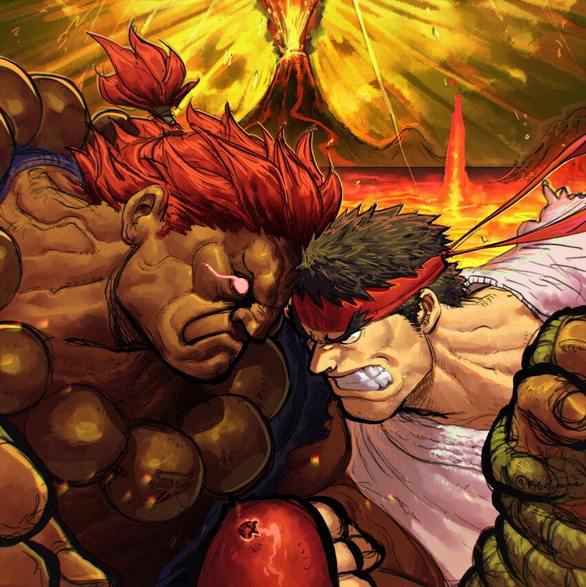 2boys absurdres akuma_(street_fighter) artist_collaboration clenched_teeth dark-skinned_male dark_skin eruption frown glowing glowing_eyes groovy_(docilebread) headband highres kyo_yukanna lava multiple_boys muscular muscular_male red_hair red_headband ryu_(street_fighter) street_fighter street_fighter_ii_(series) teeth upper_body volcano