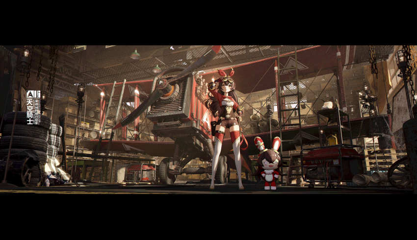 1girl absurdly_detailed_composition absurdres aircraft airplane amber_(genshin_impact) arm_up artist_name baron_bunny_(genshin_impact) bilingual_text biplane boots breasts brown_corset brown_eyes brown_hair brown_shorts chain chinese_commentary chinese_text closed_mouth commentary_request corset crate cropped_jacket english_text full_body generator genshin_impact gloves goggles goggles_on_head hair_between_eyes hair_ribbon hand_on_own_hip highres indoors jacket ladder letterboxed loaded_interior long_hair long_sleeves looking_ahead mixed-language_text pouch qi==qi red_jacket red_ribbon red_thighhighs ribbon scenery shelf short_shorts shorts sidelocks small_breasts solo standing thigh_boots thigh_pouch thighhighs thighhighs_under_boots unused_tire wheel white_boots