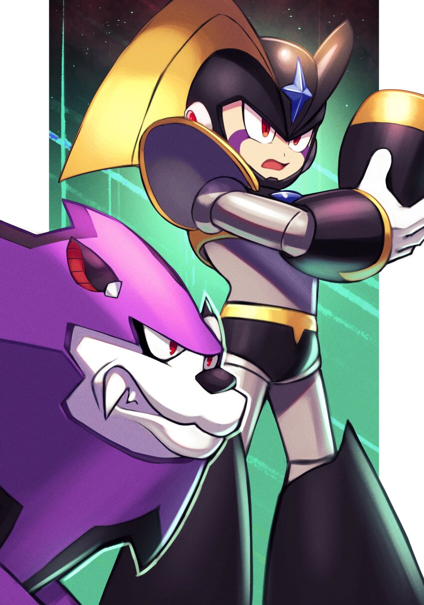 1boy absurdres arm_cannon armor bass_(mega_man) black_armor black_helmet chest_jewel facial_mark forehead_jewel helmet highres male_focus mega_man_(classic) mega_man_(series) non-humanoid_robot red_eyes robot robot_animal robot_dog silverchariotx standing treble_(mega_man) weapon