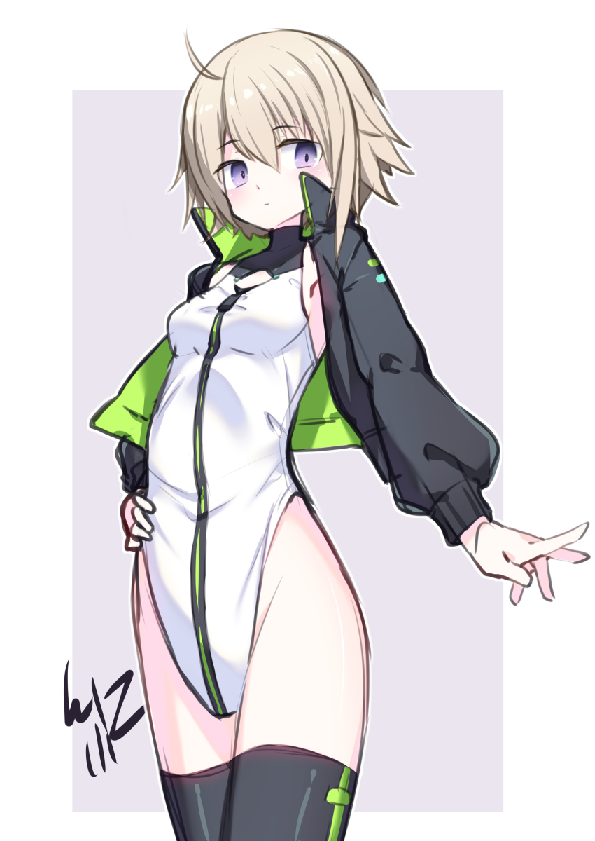 1girl absurdres alice_gear_aegis artist_name ben1shoga black_jacket black_thighhighs blonde_hair border breasts circle_cutout cleavage_cutout clothing_cutout companion/af covered_collarbone front_zipper full-length_zipper grey_background heattech_leotard highleg highleg_leotard highres jacket leotard looking_at_viewer multicolored_leotard murao_mira outside_border purple_eyes race_queen short_hair sleeveless_turtleneck_leotard small_breasts solo standing thighhighs turtleneck two-tone_background two-tone_leotard white_border white_leotard zipper zipper_leotard zipper_pull_tab
