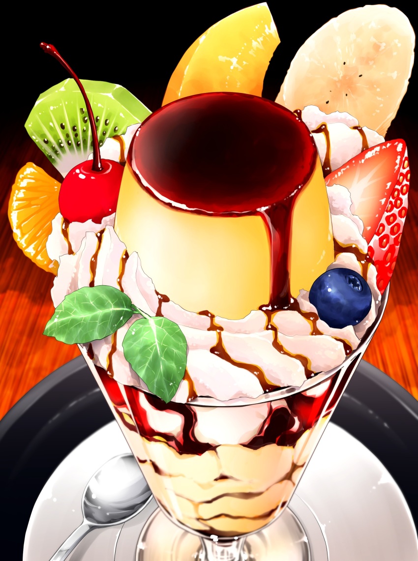 absurdres banana banana_slice blueberry cherry chocolate_syrup commentary_request food food_focus fruit highres kiwi_(fruit) kiwi_slice no_humans ooranokohaku original parfait pudding still_life strawberry table wooden_table