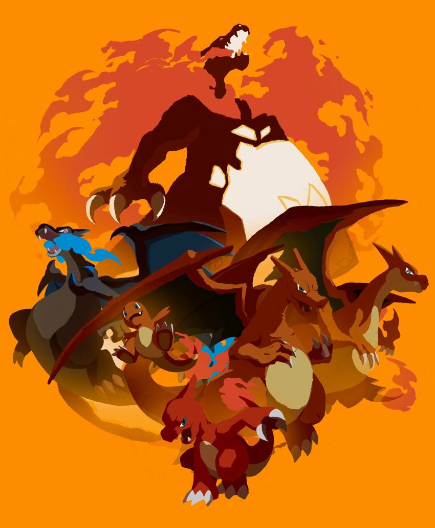 breath_weapon breathing_fire charizard charmander charmeleon claws evolutionary_line fire gen_1_pokemon gigantamax gigantamax_charizard highres horns kasai_(pixiv24704749) looking_at_viewer mega_charizard_x mega_charizard_y mega_pokemon nintendo open_mouth pokemon pokemon_(creature) simple_background wings yellow_background
