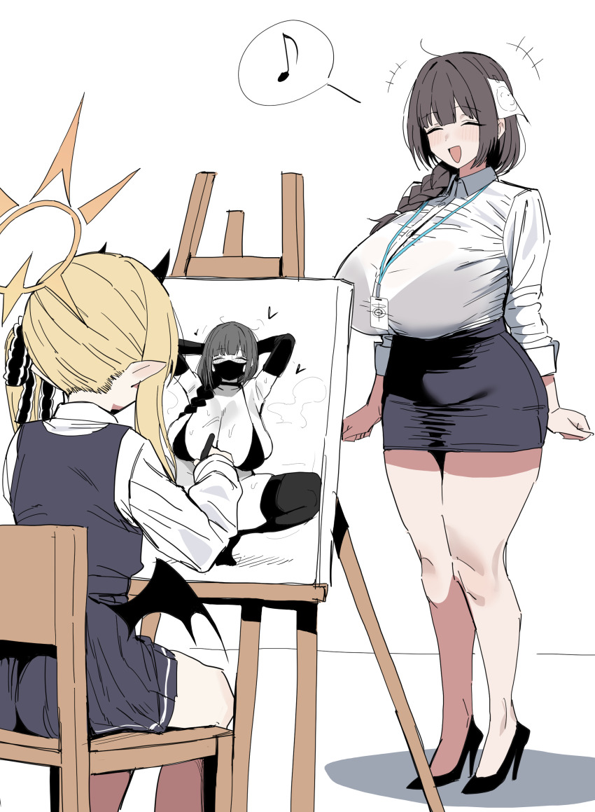 2girls :d ^_^ absurdres bat_wings bikini black_hair black_ribbon black_wings blonde_hair blue_archive breasts closed_eyes drawing_(object) female_sensei_(blue_archive) female_sensei_(blue_archive)_(xipa) hair_ribbon halo highres huge_breasts ibuki_(blue_archive) lanyard long_hair multiple_girls musical_note open_mouth orange_halo pointy_ears ribbon sensei_(blue_archive) simple_background smile spoken_musical_note squatting standing swimsuit white_background wings xipa