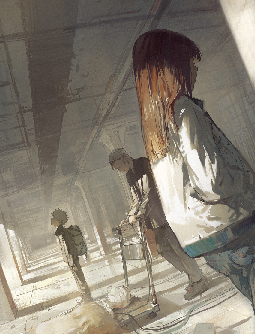 2boys 2girls backpack bag bandaged_head bandages black_jacket black_pants blanket brown_hair cart denim dino_(dinoartforame) dutch_angle grey_hair hair_slicked_back hands_in_pockets highres jacket jeans kiruko_(tengoku_daimakyou) long_hair looking_up lying maru_(tengoku_daimakyou) mimihime_(tengoku_daimakyou) multiple_boys multiple_girls on_back pants shiro_(tengoku_daimakyou) spiked_hair tengoku_daimakyou tile_floor tiles white_jacket