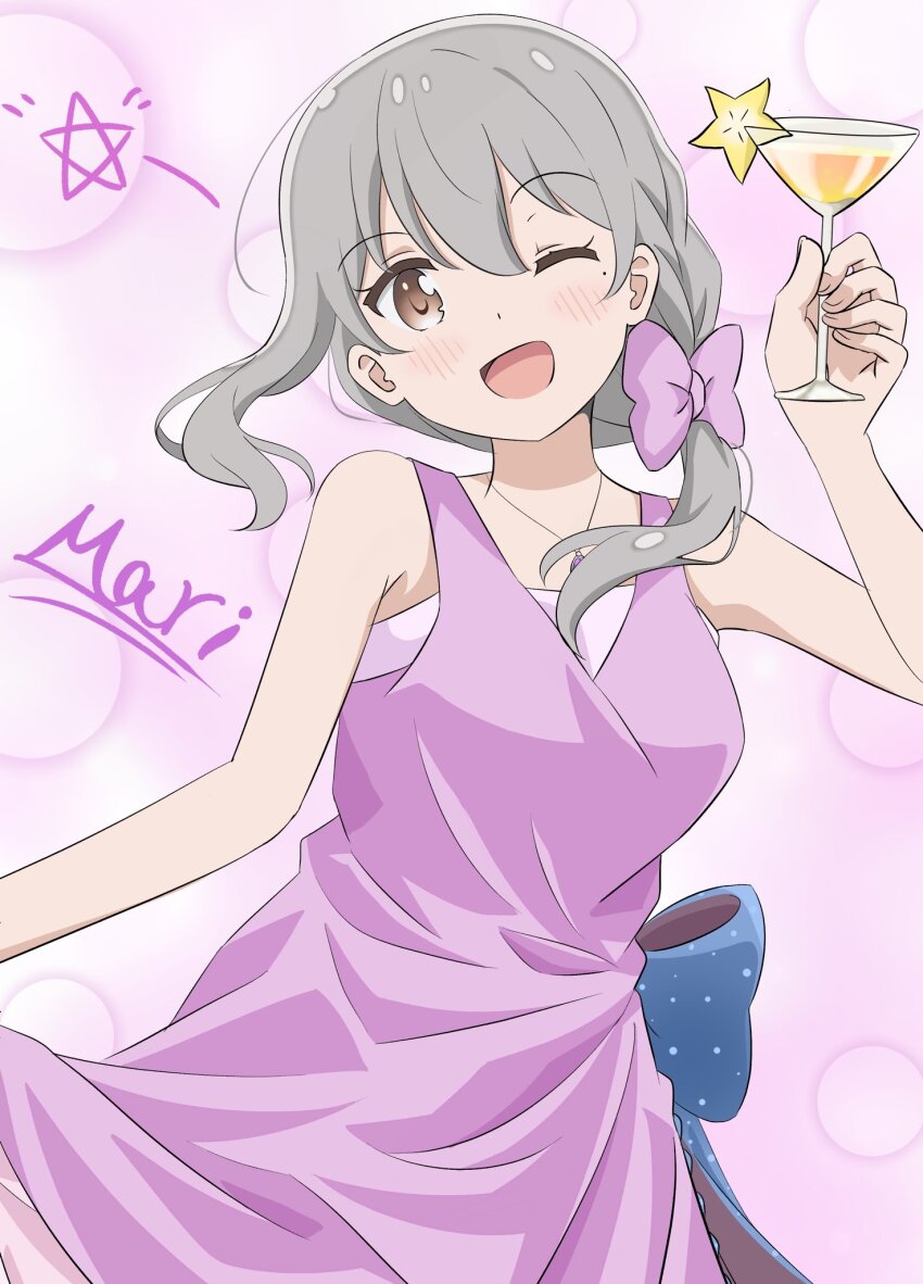 1girl bare_shoulders breasts character_name cup dress drinking_glass english_text feet_out_of_frame female_focus glass grey_eyes grey_hair hair_between_eyes highres holding jewelry koisuru_asteroid looking_at_viewer medium_breasts mole mole_under_eye morino_mari necklace one_eye_closed open_mouth qb_(qb46311027) solo standing star_(symbol) wine_glass