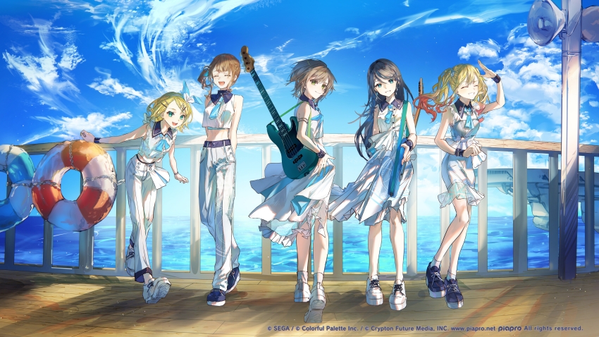 5girls absurdres arm_strap armband bare_shoulders bass_guitar black_hair blonde_hair blue_eyes blue_neckerchief blue_sky brown_hair closed_eyes cloud cloudy_sky collared_dress collared_shirt commentary_request copyright_name cropped_shirt dress electric_guitar fender_jazz_bass frilled_dress frills full_body green_eyes grey_hair grin guitar hair_ornament hairband hairclip handrail highres hinomori_shiho holding holding_guitar holding_instrument hoshino_ichika_(project_sekai) instrument kagamine_rin karanagare leaning_forward leo/need_(project_sekai) leo/need_rin lifebuoy long_hair looking_at_viewer looking_back mochizuki_honami multiple_girls neckerchief ocean official_alternate_costume official_art open_mouth pants pier pink_hair platform_footwear platform_heels pleated_skirt project_sekai purpose_(vocaloid) red_eyes shirt side_ponytail skirt sky sleeveless sleeveless_shirt smile standing stick_to_your_faith_(project_sekai) swept_bangs swim_ring teeth tenma_saki twintails upper_teeth_only water white_dress white_footwear white_hairband white_pants white_skirt