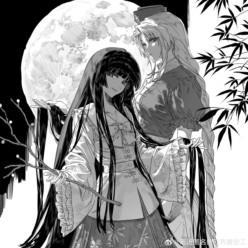 2girls absurdres bamboo bamboo_print blunt_bangs bow_button braid branch chinese_commentary closed_mouth collared_shirt commentary cowboy_shot dress frilled_sleeves frills full_moon greyscale grin hat highres holding holding_another&#039;s_hair holding_branch holding_own_hair houraisan_kaguya jeweled_branch_of_hourai long_hair long_sleeves looking_at_viewer monochrome moon multiple_girls nurse_cap puffy_short_sleeves puffy_sleeves shirt short_sleeves single_braid skirt smile touhou very_long_hair watermark weibo_watermark wide_sleeves yagokoro_eirin yuanjie_jianshegong
