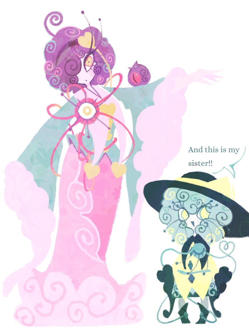 2girls adapted_costume ahoge alternate_eye_color alternate_hairstyle aqua_shirt black_boots black_hairband black_hat blush_stickers boots buttons closed_mouth collared_shirt colored_skin commentary curly_hair diamond_button egg_(holycrapisthat) english_text expressionless full_body fur-trimmed_sleeves fur_trim green_hair green_skirt grey_pantyhose hair_ornament hair_over_one_eye hairband hat hat_ribbon heart heart_hair_ornament heart_in_eye height_difference highres komeiji_koishi komeiji_satori long_eyelashes long_skirt long_sleeves medium_hair multiple_girls open_mouth oversized_clothes oversized_shirt pantyhose pink_skin pink_skirt purple_hair ribbon shirt short_hair siblings simple_background sisters skirt sleeves_past_fingers sleeves_past_wrists smile speech_bubble symbol-only_commentary symbol_in_eye third_eye touhou untucked_shirt white_background white_skin wide_sleeves yellow_eyes yellow_ribbon yellow_shirt