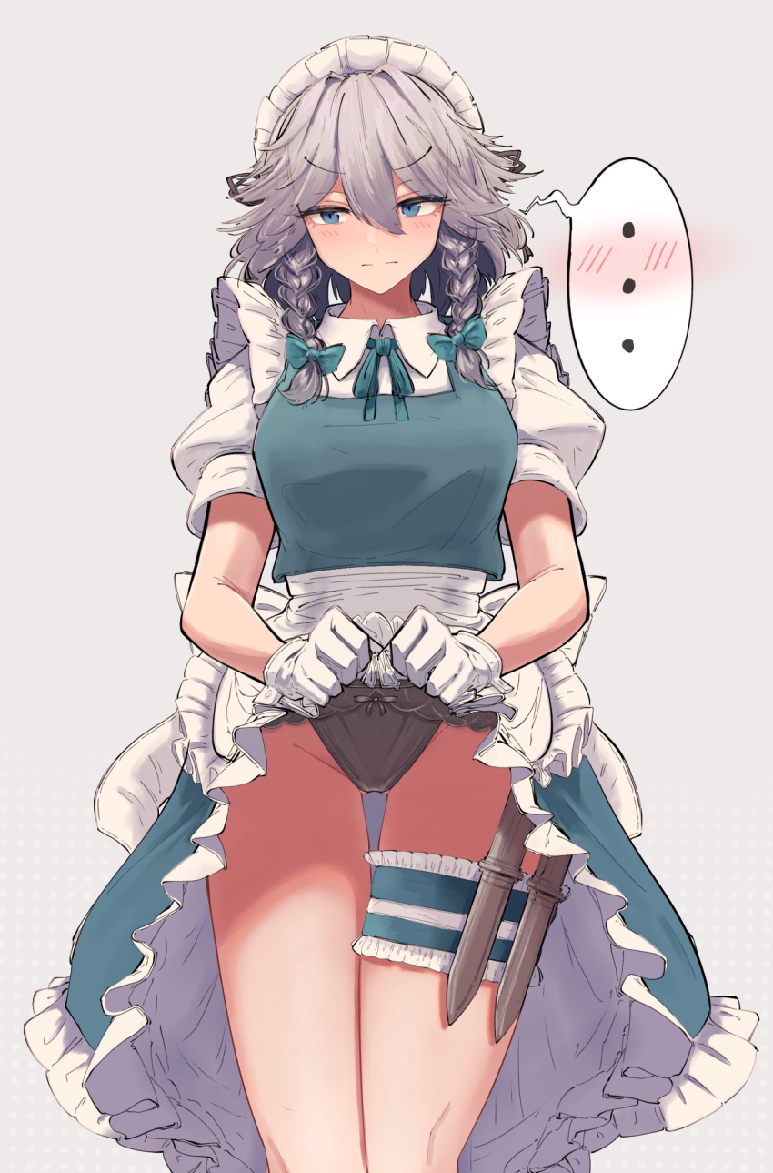 ... 1girl apron back_bow black_panties blue_bow blue_bowtie blue_eyes blue_skirt blue_vest blush bow bowtie braid breasts closed_mouth clothes_lift collared_shirt commentary_request cowboy_shot frown gloves grey_background grey_hair hair_between_eyes hair_bow highres holster izayoi_sakuya knife lifting_own_clothes long_bangs looking_at_viewer maid maid_headdress medium_breasts medium_hair odoro_(nicoseiga81184094) panties puffy_short_sleeves puffy_sleeves shirt short_sleeves simple_background skirt skirt_lift solo spoken_blush spoken_ellipsis thigh_holster touhou twin_braids underwear v-shaped_eyebrows vest waist_apron white_apron white_bow white_gloves white_shirt