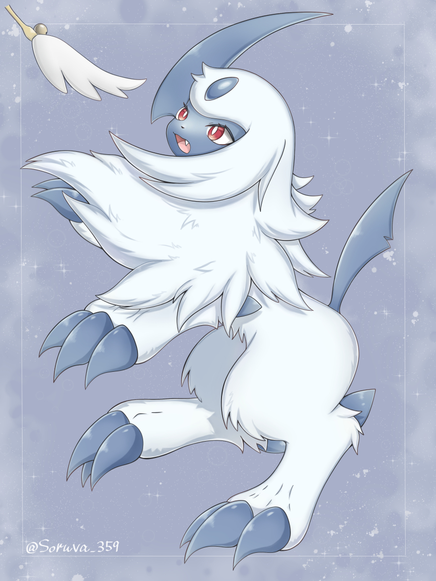 absol absurdres animal_focus claws fang forehead_jewel gen_3_pokemon highres horns looking_up nintendo open_mouth pokemon pokemon_(creature) red_eyes single_horn smile solo soruva_359 toy twitter_username white_hair
