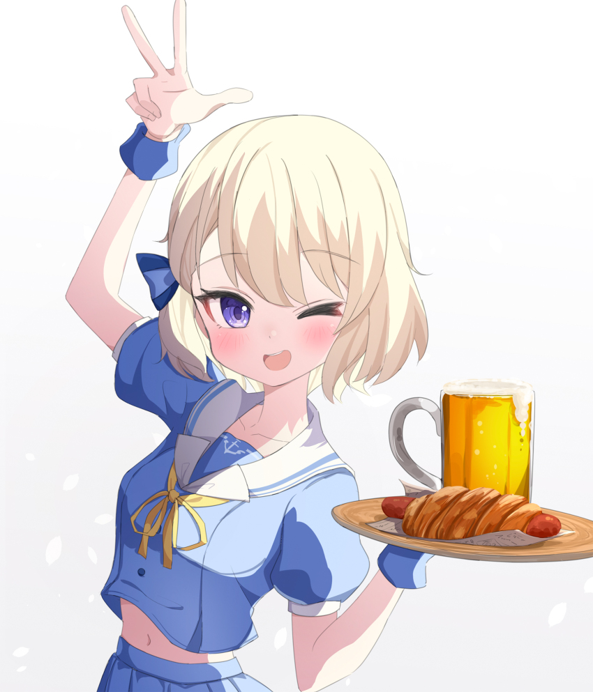 1girl ;d alcohol ame. arm_up azur_lane beer beer_mug blonde_hair blue_serafuku blue_shirt blue_skirt blush breasts collarbone commentary_request crop_top cup foam gradient_background grey_background hand_up highres holding holding_tray hot_dog looking_at_viewer medium_breasts midriff mug navel neck_ribbon one_eye_closed open_mouth pleated_skirt purple_eyes revision ribbon sailor_collar school_uniform serafuku shirt skirt smile solo tray w white_background white_sailor_collar wrist_cuffs yellow_ribbon z23_(azur_lane)