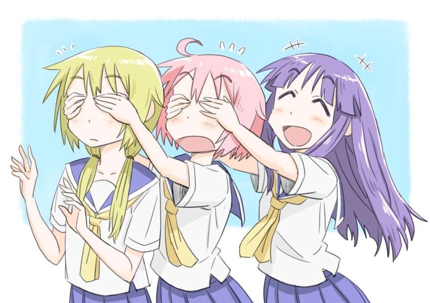 3girls ^_^ ahoge blonde_hair blush closed_eyes covered_eyes covering_another&#039;s_eyes hair_tie happy hinata_yukari ichii_yui jitsusan long_hair low_twintails multiple_girls nonohara_yuzuko open_mouth pink_hair purple_hair school_uniform serafuku short_hair simple_background smile twintails yuyushiki